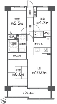 ラミーユ大宮ハイライズ弐番館ルナール棟の間取り|ラミーユ大宮ハイライズ弐番館ルナール棟、3LDK、専有面積61.85m2、バルコニー面積8.38m2