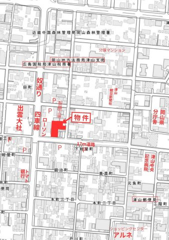 津山市田町　病院跡売地の地図