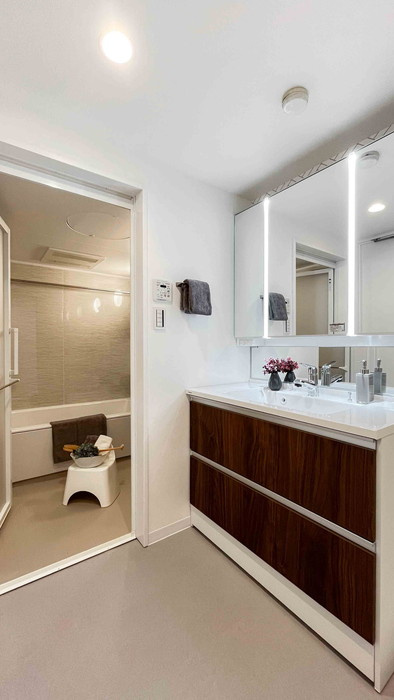 マンション雪谷テラスの独立洗面台|独立洗面台、小物を置くことができて便利です