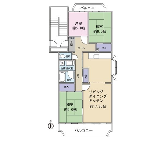 3LDK：専有面積75.92㎡、バルコニー面積12.62㎡。角住戸、南北両面にあるバルコニーからは爽やかな風が吹き込み、明るい室内です。