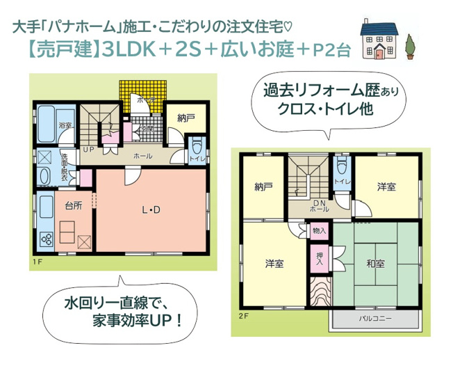 【間取り】 | ガーデニング・ゴルフ練習他、四季折々の風景が望める庭付き一戸建て◎
水廻りが一直線に繋がる優れた家事ラク動線！
各所に充実の収納スペースが確保された、3SLDKのお住まいです♪