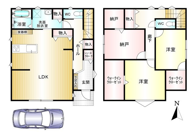 橿原市東坊城町の間取り|2SLDK  土地面積：100.01㎡　建物面積：115.92㎡　駐車スペース1台