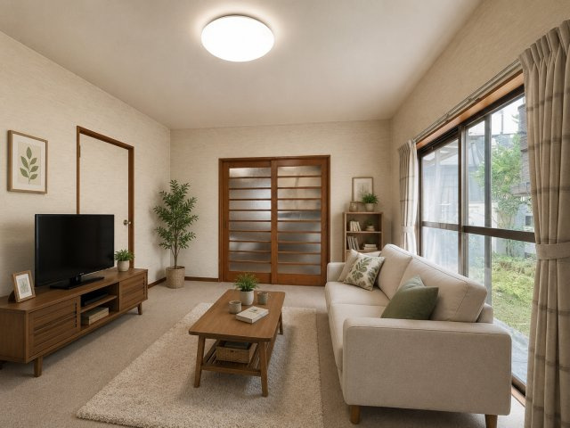 桜井市朝倉台東4丁目の居間・リビング|日当たり良好です♪（画像の家具はAIによって作成したものです）