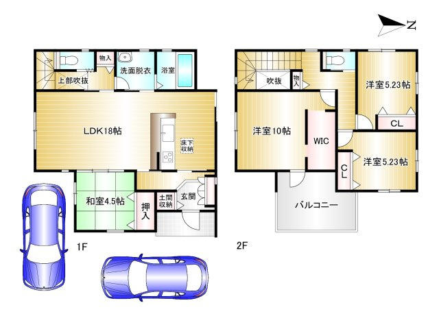 桜井市安倍木材団地1丁目全3区画の間取り|1号地4LDK　土地面積：119.62㎡　建物面積：106.40㎡　駐車スペース2台