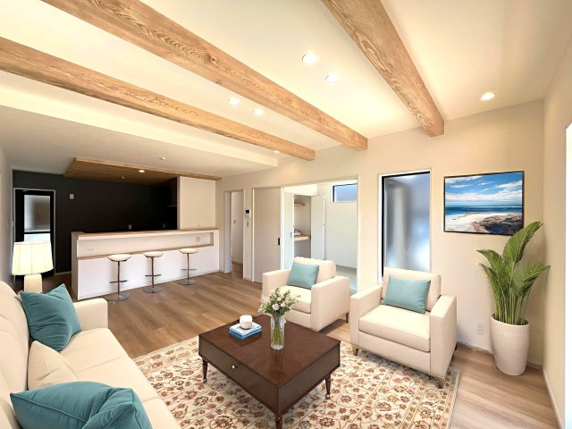 桜井市安倍木材団地1丁目全3区画の居間・リビング|18帖広々LDK　窓から陽が差して明るいリビングです。この家具はAI生成によって配置されたものです