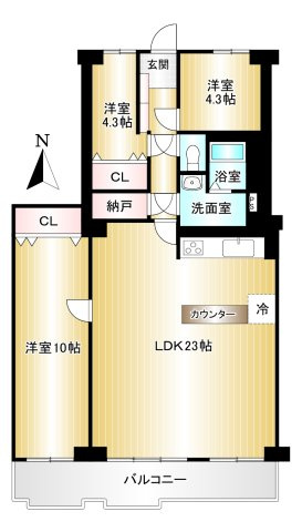 橿原神宮前スカイハイツ9階の間取り|3LDK　専有面積：101.87㎡　バルコニー面積：12.26㎡