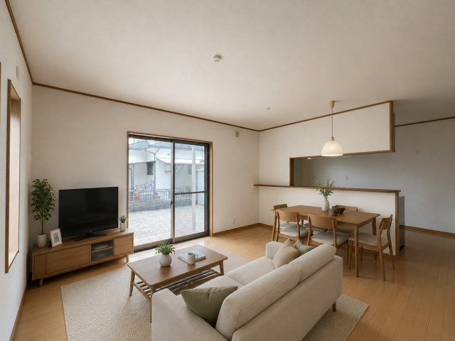 吉野郡大淀町大字北野の居間・リビング|リビングダイニングは14帖（画像の家具はAIによって作成したものです）