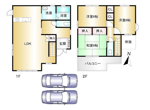 奈良県磯城郡三宅町大字屏風の間取り|3LDK　土地面積：148.77㎡　建物面積：92.34㎡　駐車並列2台可能