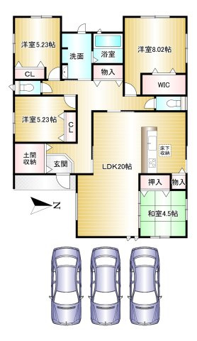 磯城郡田原本町　平屋の間取り|4LDK　土地面積：240.96㎡　建物面積：112.62㎡　駐車並列3台可能