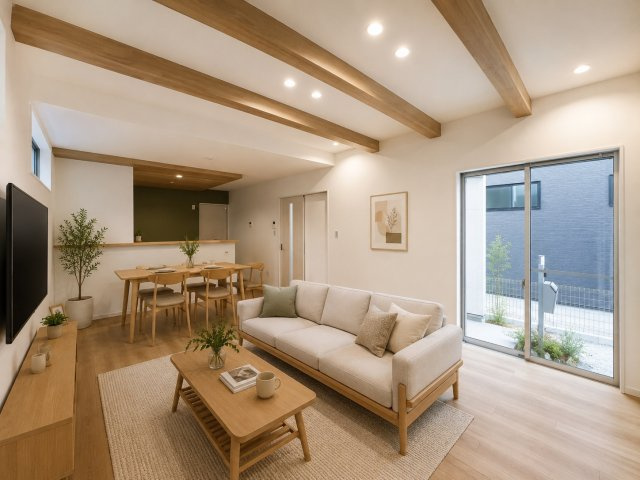 大和高田市西三倉堂1丁目　全2区画の居間・リビング|LDK１８帖のオシャレな梁がある空間で開放的です　※家具・小物はAIで配置しています