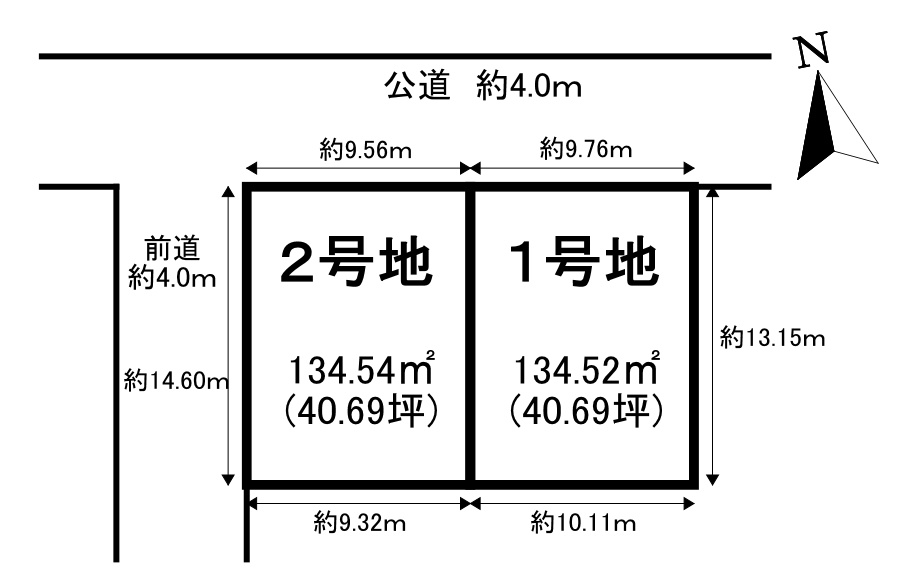 売土地　橿原市曽我町　全2区画の土地図|2号地　土地面積：134.54㎡