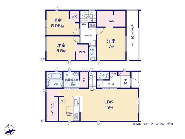 碧南市沢渡町182『仲介手数料無料』新築戸建ての間取り|　2号棟　1F:LDK広々19帖！便利なパントリー・洗面室収納・ホール収納　収納豊富！！リビングイン階段♪2F:主寝室7帖・洋室5.5帖・洋室5.06帖　WIC設置！ホール収納♪インナーバルコニー♪