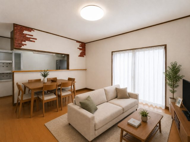 橿原市土橋町の居間・リビング|ＬＤＫ14帖　明るく開放的な空間です♪（画像の家具はAIによって作成したものです）