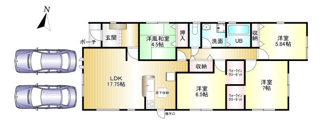 桜井市大字浅古全２棟の間取り|4LDK＋2WIC　土地面積：272.48ｍ2　建物面積：96.88ｍ2　駐車2台