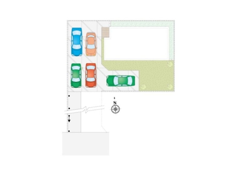 行田市城西５丁目　中古戸建　配置図　車３台～最大５台まで駐車可能！　※●、→＝電柱および支線