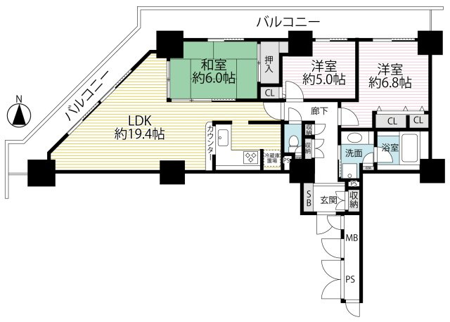 駅近タワーマンション☆☆角住戸☆３ＬＤＫ☆リフォーム完了で即入居ＯＫ☆ファーストタワー大津ＭＡＲＹの間取り