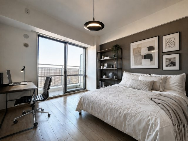 駅近タワーマンション☆☆角住戸☆３ＬＤＫ☆リフォーム完了で即入居ＯＫ☆ファーストタワー大津ＭＡＲＹの洋室|洋室（家具家電照明の設置イメージ画像）