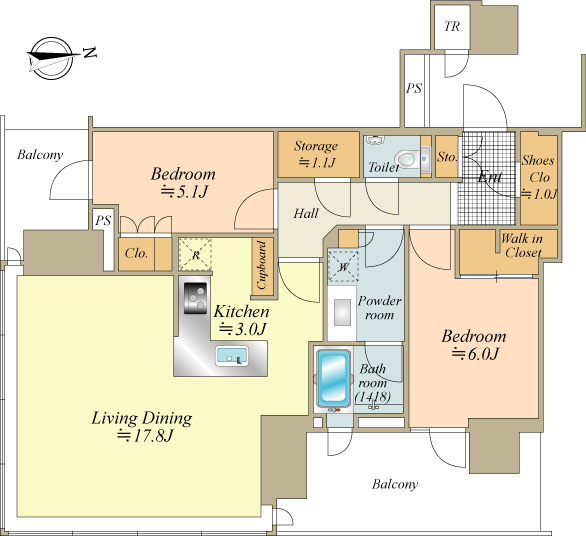 デッドスペース（廊下面積）が少ない2LDK+WIC+SIC+STO+TR
室内大変明るく、コンディション良好なお部屋です！