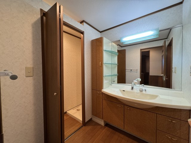 アートフォルム山手の洗面所|洗面台も並んで使用出来そうな広さです。扉の中に洗濯機スペースがあり生活感が隠せます！