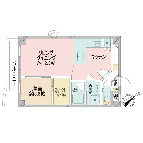 ルイマーブル乃木坂の間取り|１LDK・45.14㎡　バルコニー面積5.26㎡・南向き
※分譲時の２LDKより変更