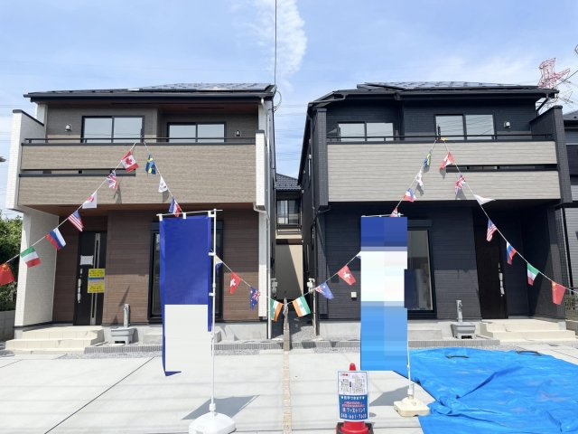 上尾市上10期の外観|2025年6月下旬完成予定！全2棟（左が1号棟・右が2号棟）商業施設・公共施設徒歩圏内♪駐車スペース並列2台