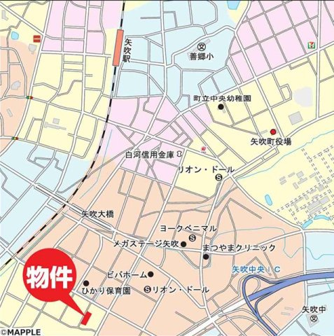 矢吹町八幡町　　　５号棟　　善郷小学校、矢吹中学区の地図|案内図