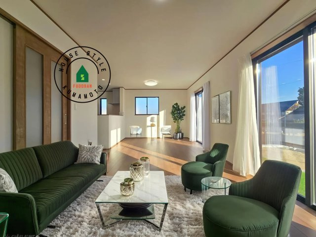 菊池郡菊陽町原水第1-3棟（C号棟）の内観：施工例|キッチンからリビングをしっかり確認できます。家族の笑顔があふれる空間になりそうですね。※家具はCGを合成したものです。