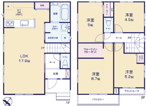 LDK広々17.9帖、主寝室も広々8.7帖の間取り|4LDK