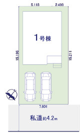 LDK広々17.9帖、主寝室も広々8.7帖の区画図|カースペース2台分