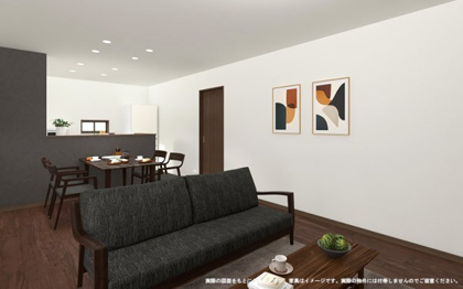 【完成予想図】 | 【2号棟内観完成予想図】
※実際の図面をもとにしたCGですが、家具はイメージです。実際の物件には付帯しませんのでご留意ください。