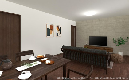 【完成予想図】 | 【2号棟内観完成予想図】
※実際の図面をもとにしたCGですが、家具はイメージです。実際の物件には付帯しませんのでご留意ください。