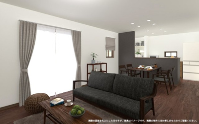 【完成予想図】 | 【2号棟内観完成予想図】
※実際の図面をもとにしたCGですが、家具はイメージです。実際の物件には付帯しませんのでご留意ください。