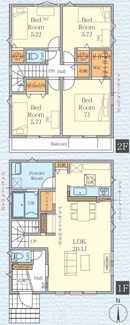 【間取り】 | 座間市東原1丁目  1号棟 1期 | 都市ガス　二部屋から行き来できる南向きバルコニー　LDK20帖　網戸標準仕様