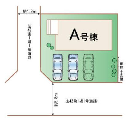 ハートフルタウン 前橋市西片貝町１丁目293番　Ａ号棟の区画図|駐車場並列３台ご用意しています！
前面道路は5.8ⅿで車の出し入れもしやすいです！