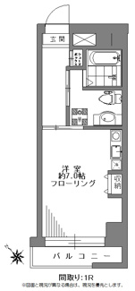 【間取り】 | サンマリーナ新子安 | 【サンマリーナ新子安】1R/25.65㎡でキッチンと一緒に7帖ある洋室です。