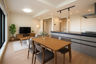 【ダイニング】 | 【ハイブランドリノベ】パークハウス竜王公園フォレストコート | 【約16.6帖LDK】
今回のリノベーションはLDKにいる時間が、一番の寛ぎの時間となるよう、
グレージュモダンを基調とし日常の中に気品あふれる空間を創出。
日々の営みに、さらなる彩りを添えました。