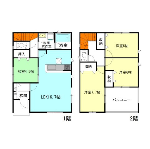 【間取り】 | クレイドルガーデン前橋市茂木町第5ー① | 家族と自然に顔合わせできるリビングアクセス階段！
2階全洋室6帖以上ののびのび間取り！
