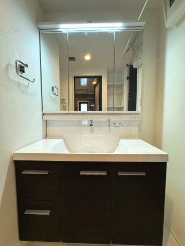 グランセリーナの独立洗面台|洗面化粧台
明るく照らす照明付きミラーと、空間に調和する落ち着いた色味が魅力。豊富な収納も備え、すっきり使える洗面スペースです。