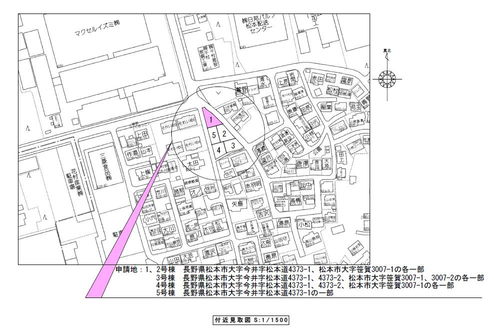 松本市笹賀　新築一戸建ての地図|二方に面した1号棟です