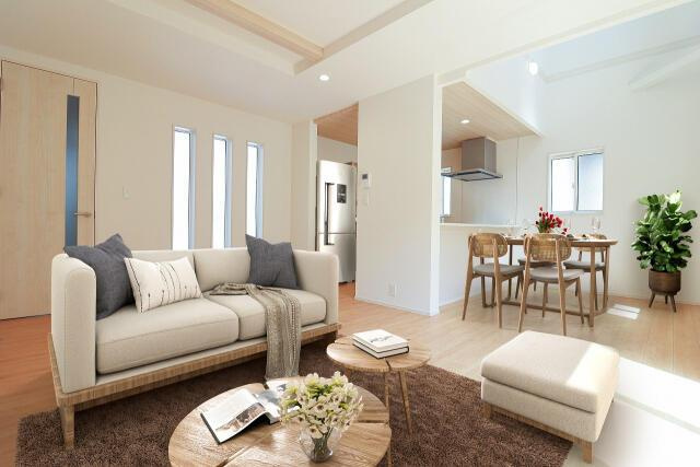 名古屋市南区源兵衛町１丁目の新築一戸建の居間・リビング|(1)号棟 LDK（家具はCGです） 