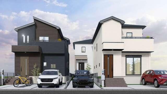 名古屋市北区中切町２丁目の新築一戸建の外観パース|完成イメージ（左：１号棟　中… 