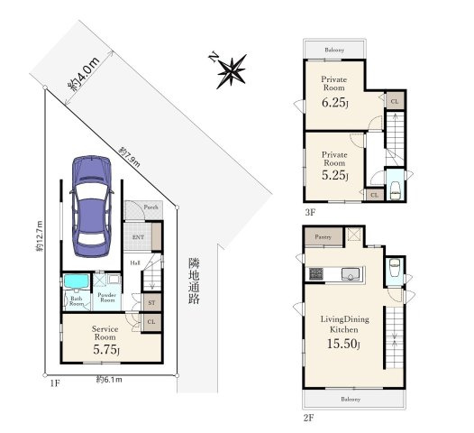 和光市新倉2丁目 限定1棟の間取り|東側4ｍ道路×南側隣地通路に面した開放的な立地に誕生
2階に明るく快適なリビングを設けた生活しやすい間取
便利な2面バルコニーつき　※建物面積に車庫部分11.17㎡含む