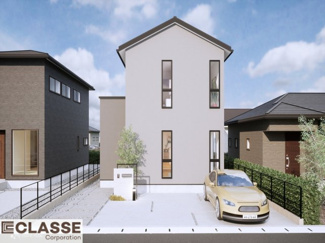 【外観パース】 | 城陽市久世芝ヶ原　4区画4号地　売土地　建築条件付き | 参考プランになりますので、お客様のお好みの外観を一緒に作らせていただきます。外壁には、メンテナンスが楽な光セラを採用しており、汚れがつきにくく、色あせもしにくいのでおススメです！