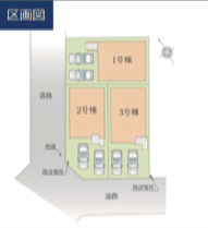 久喜市本町10期全3棟　2号棟の区画図|目の前の道路が6ｍと広く、角地なので駐車がしやすいです。公共施設や買い物施設が徒歩圏内にあるので、毎日の暮らしがラクになります！周辺環境は閑静な住宅街なので、安心して子育てができますよ◎