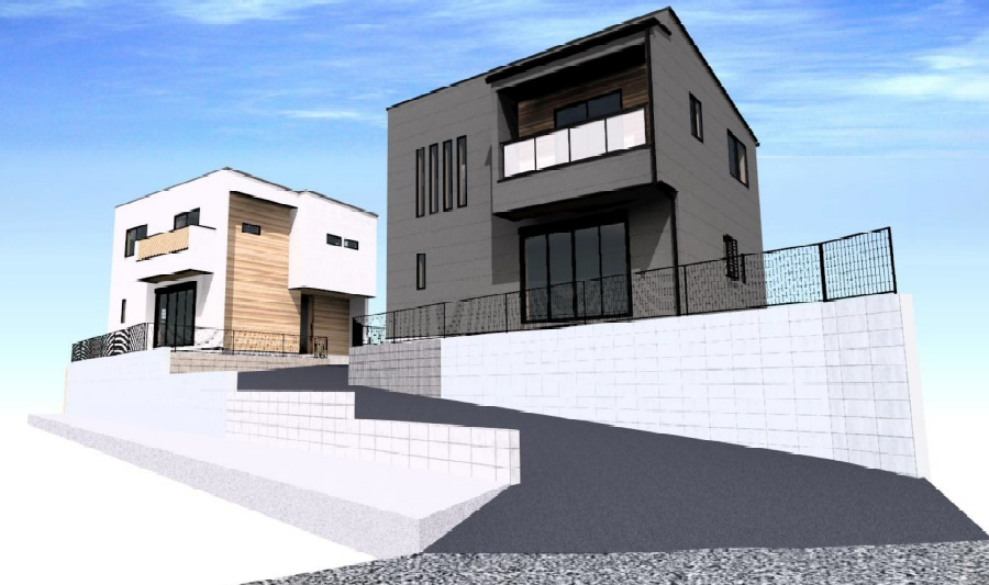 石崎三丁目の外観パース|参考プラン例：完成予想図　建物面積：104.34㎡
※本パースはイメージであり、実際の施工とは異なる場合があります。ご了承下さい。