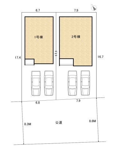 碧南市六軒町　新築分譲住宅《1号棟》の区画図|駐車場並列２台可能