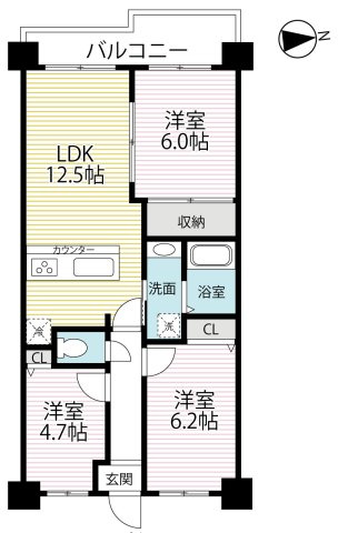 ◆室内リフォーム済み◆地下鉄東西線「石田」駅徒歩７分◆エアコン３台新設の３ＬＤＫ◆ルネ伏見東の間取り