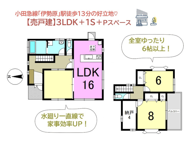 【間取り】 | リビング繋がりの洋室は、２方から出入りできるので客間にもピッタリ！
キッチンには勝手口があり、スムーズにゴミ出しが行えますよ♪
ぜひご内見下さい。