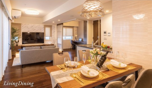 ウィザースレジデンス盛岡サザンテラスの居間・リビング|14.5帖あります。(モデルルーム)