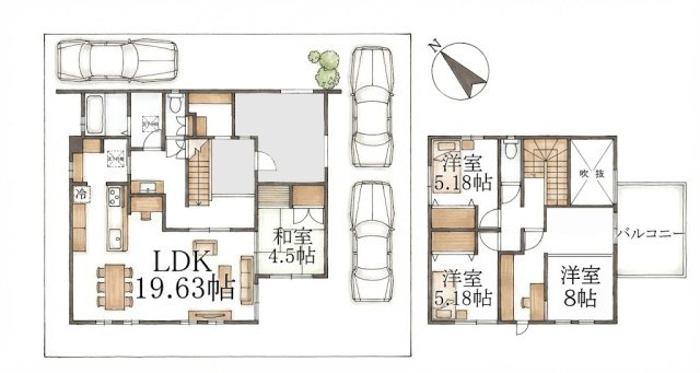 彦根市野瀬町　新築戸建の間取り|開放感ある吹き抜けとシックな内装が魅力的♪